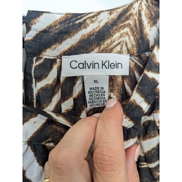 CALVIN KLEIN Top Womens Size XL Tan Animal Print Zebra Statement Sleeves Shirt - Picture 8 of 12